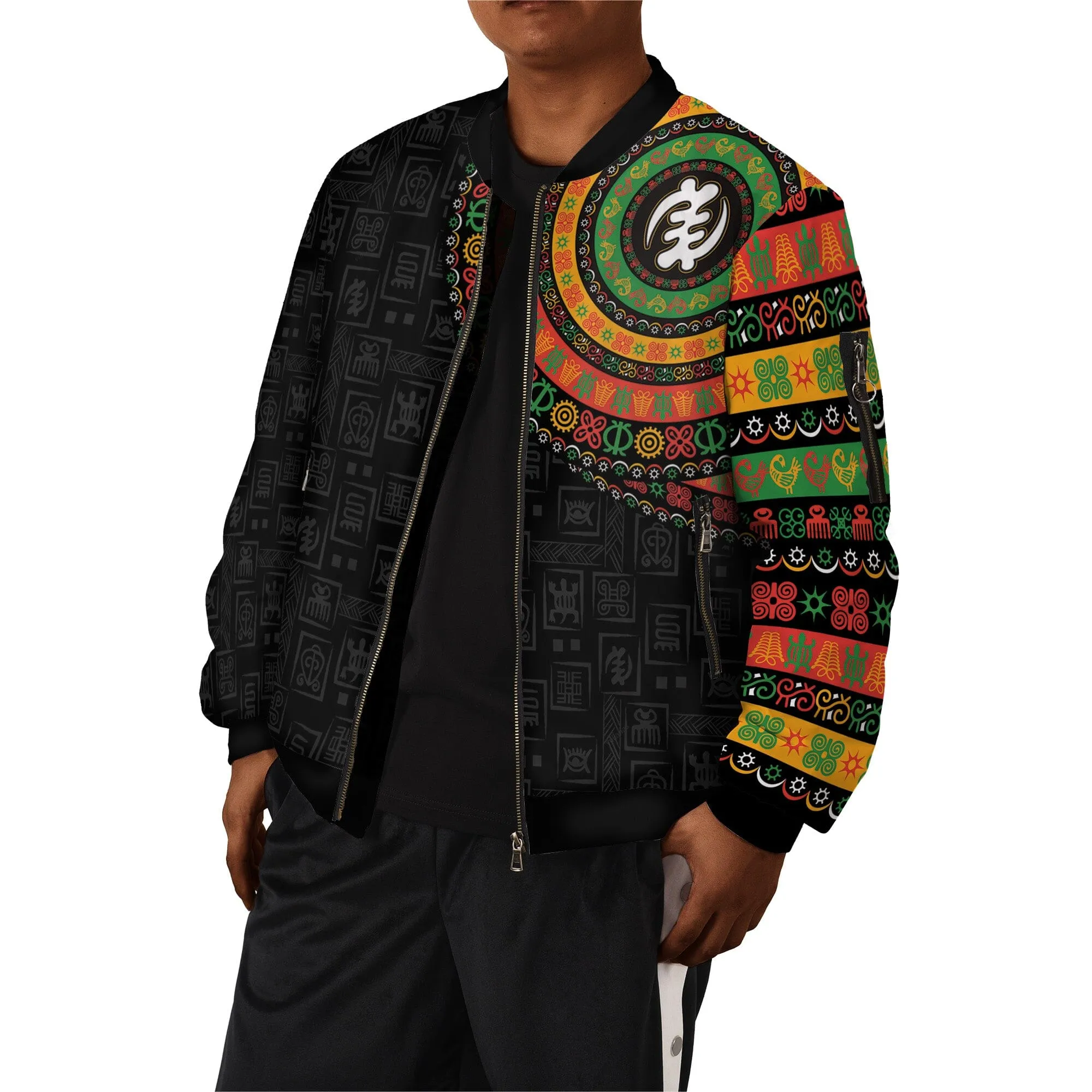 Adinkra Symbols Print Sleeve Bomber Jacket