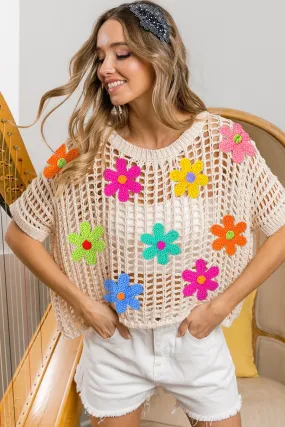 Bibi Crochet Flower Patches Net Sweater