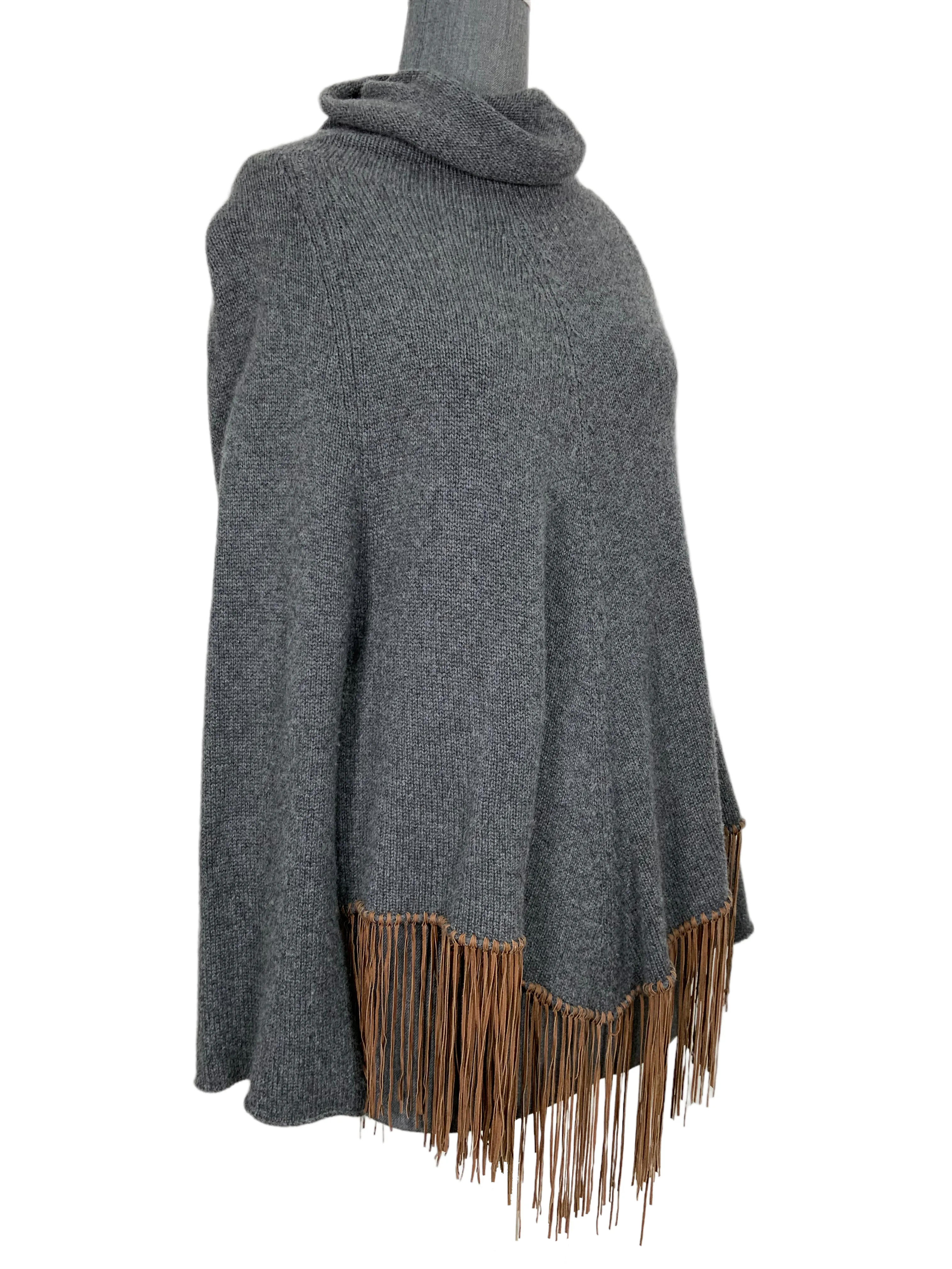 Brunello Cucinelli Cashmere Leather Fringe Rikki Poncho Sweater Size S