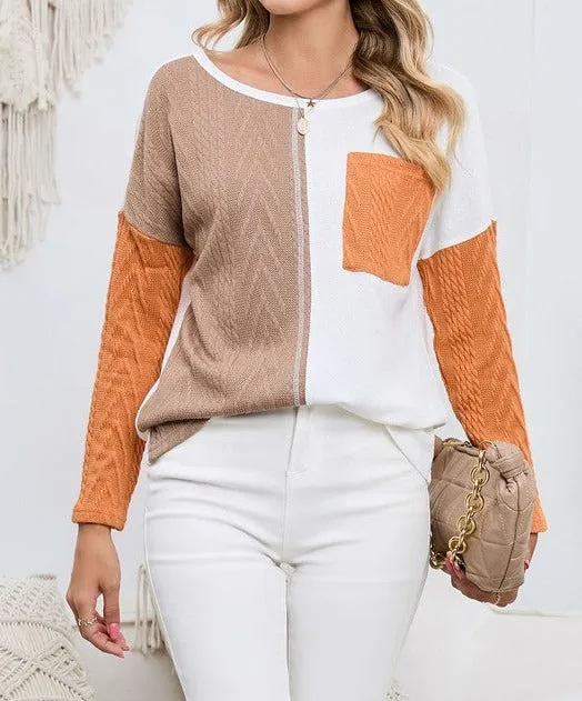 Cable knit color block round neck sweater