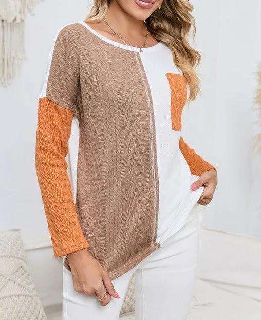 Cable knit color block round neck sweater