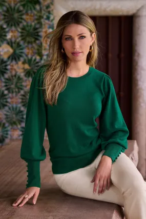 Cashmere Button-Cuff Puff-Sleeve Sweater Emerald