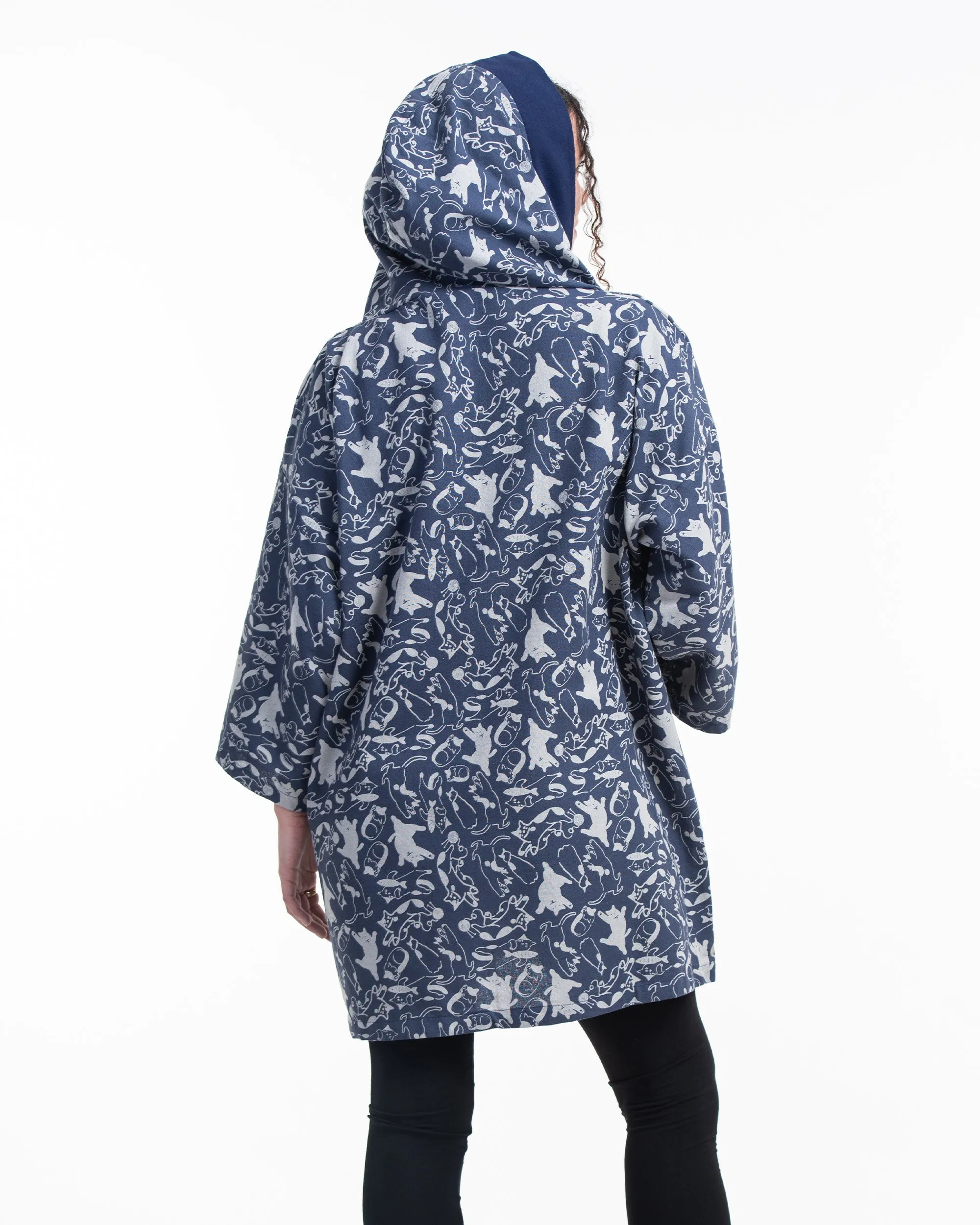 Cats Print Cotton Hoodie Kimono Cardigan in Blue