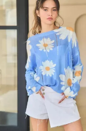 Davi & Dani Floral Print Crew Neck Loose Sweater