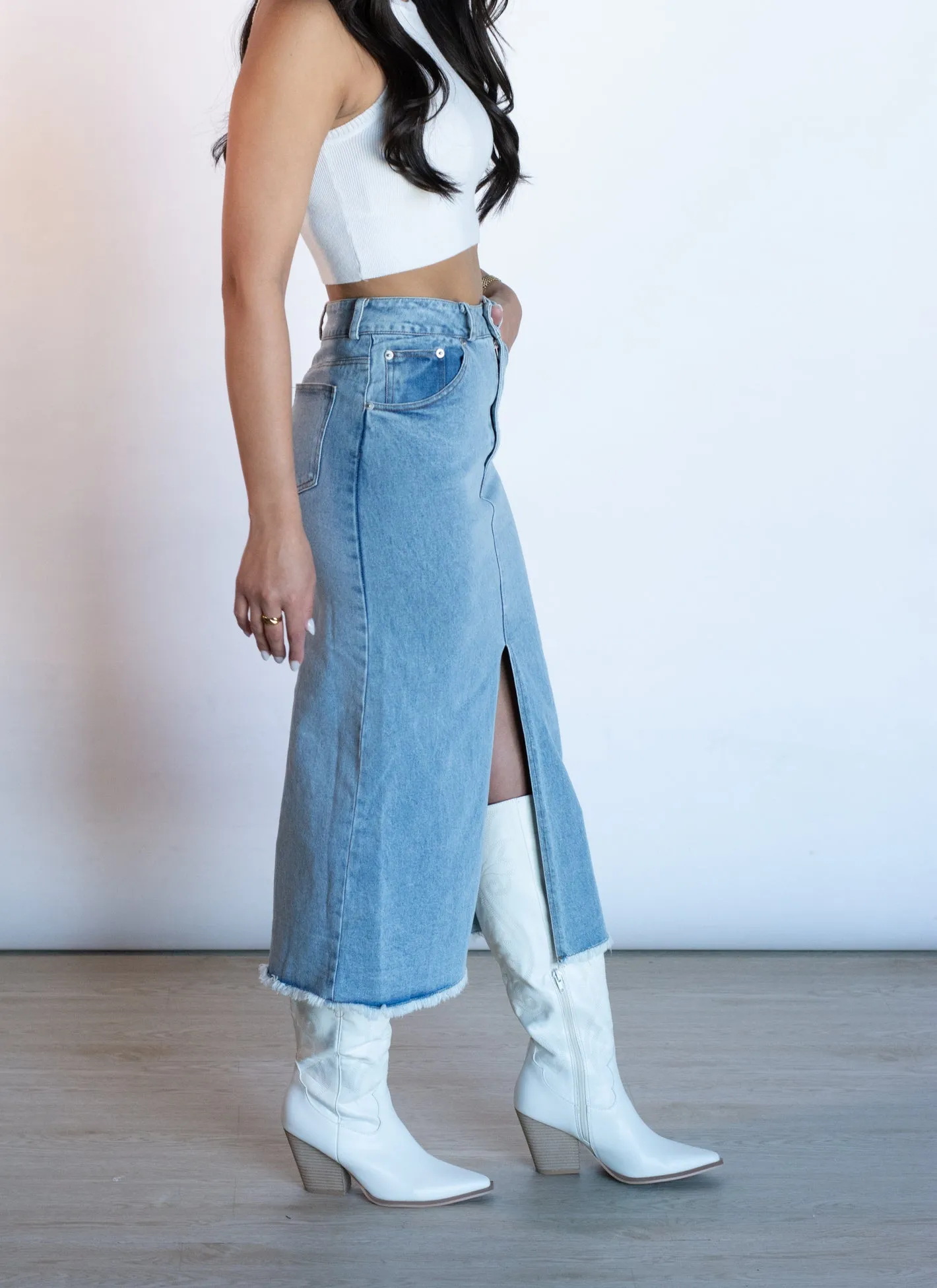 Ease My Mind Denim Midi Skirt