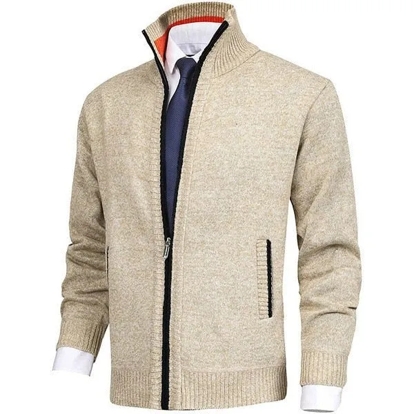 Foesce - Men's Solid Fashion Cardigan Sweater Stand Collar Autumn Male Zipper Knitted Coat Long Sleeve Pullover Jackets Large Size