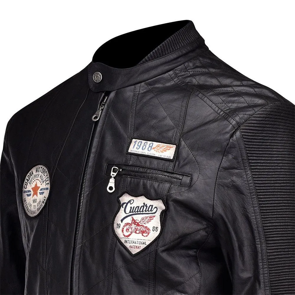 H195BOC - Cuadra black fashion moto racer patched leather jacket for men