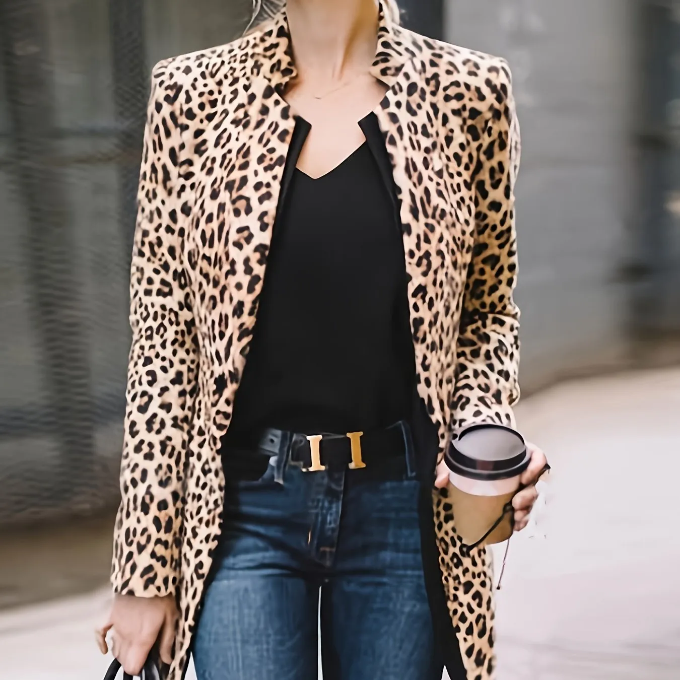 Long Sleeve Open Front Leopard Blazer Office Lapel Casual Jacket