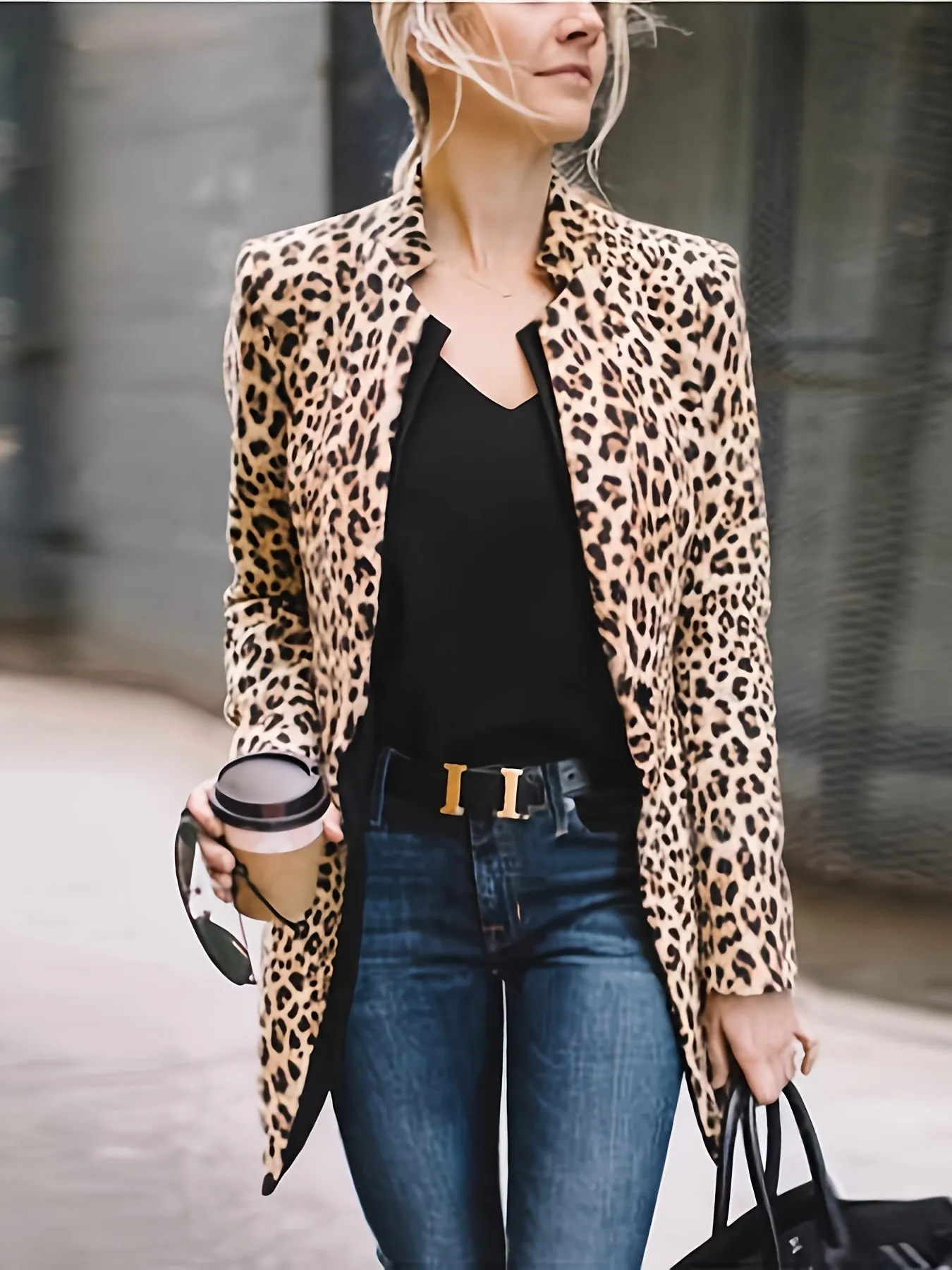 Long Sleeve Open Front Leopard Blazer Office Lapel Casual Jacket