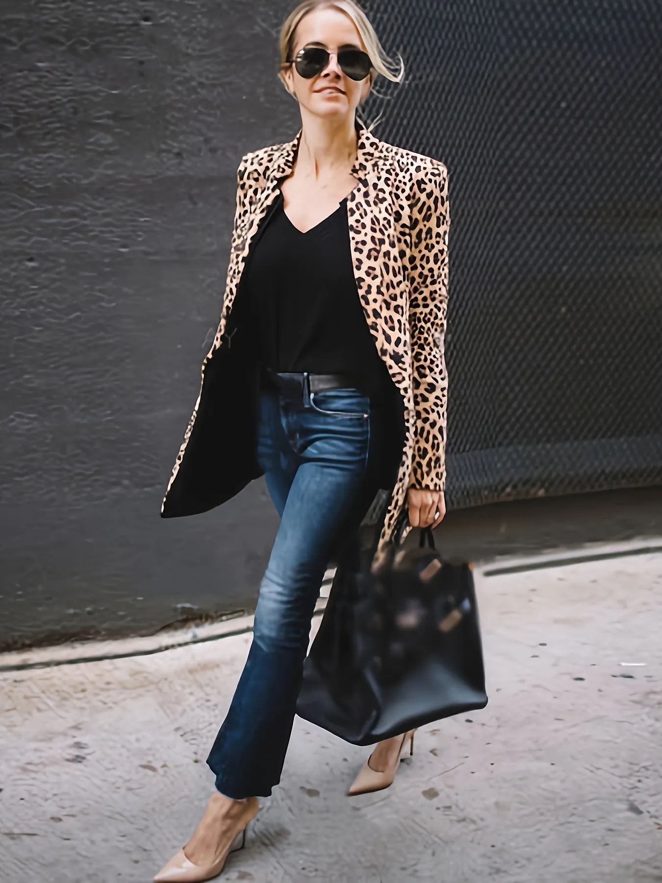 Long Sleeve Open Front Leopard Blazer Office Lapel Casual Jacket