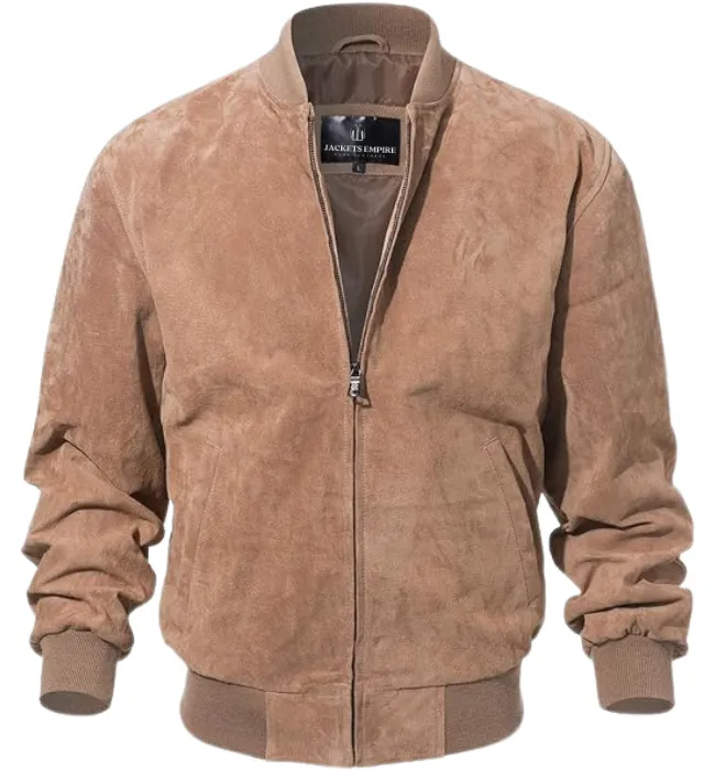 Mens Camel Suede Leather Bomber Jacket