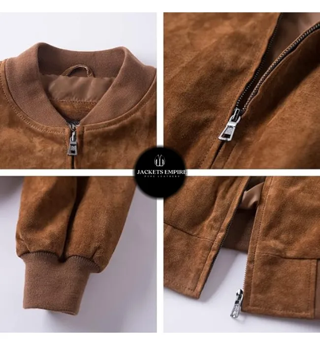 Mens Camel Suede Leather Bomber Jacket