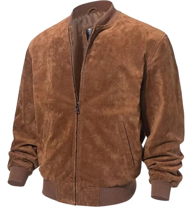 Mens Camel Suede Leather Bomber Jacket