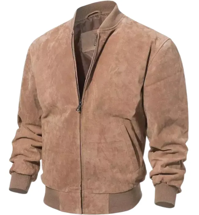 Mens Camel Suede Leather Bomber Jacket