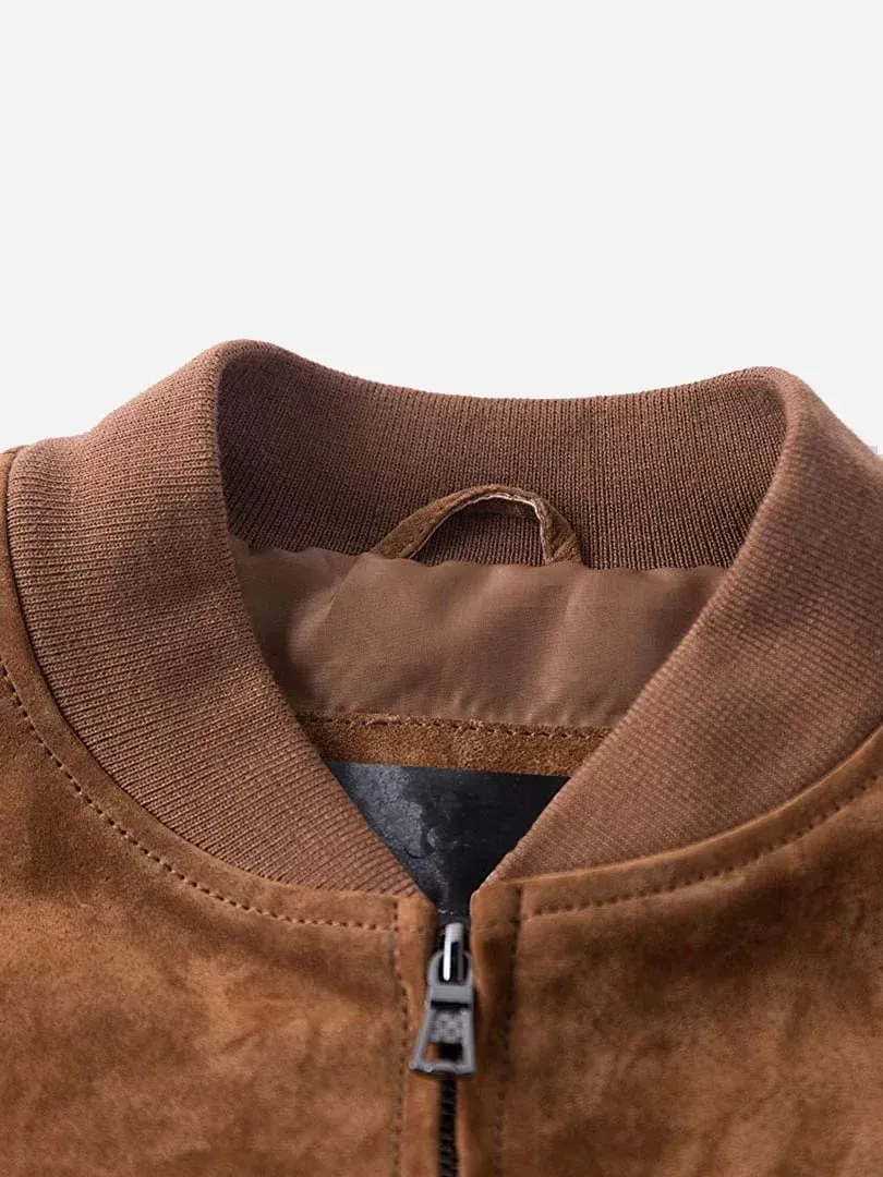 Mens Camel Suede Leather Bomber Jacket