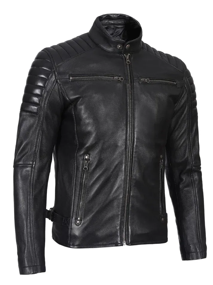 Mens Genuine Leather Stand Collar Motorcycle Jacket