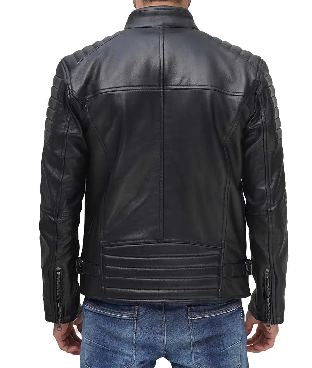 Mens Genuine Leather Stand Collar Motorcycle Jacket