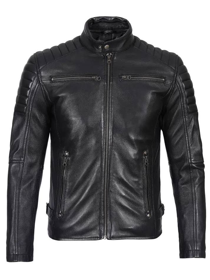 Mens Genuine Leather Stand Collar Motorcycle Jacket