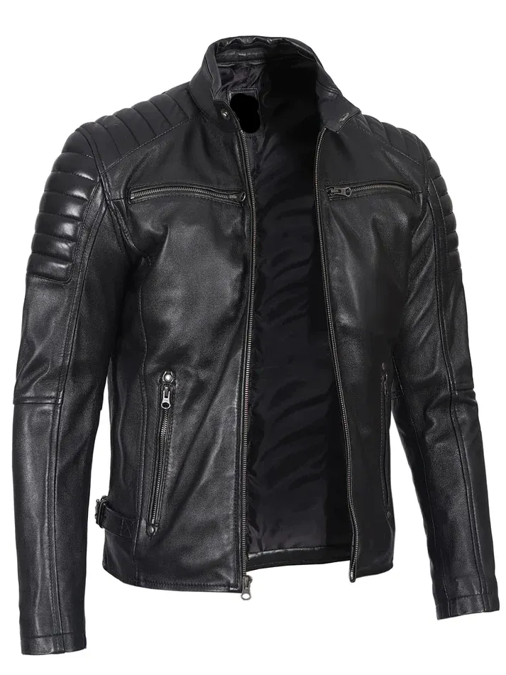 Mens Genuine Leather Stand Collar Motorcycle Jacket