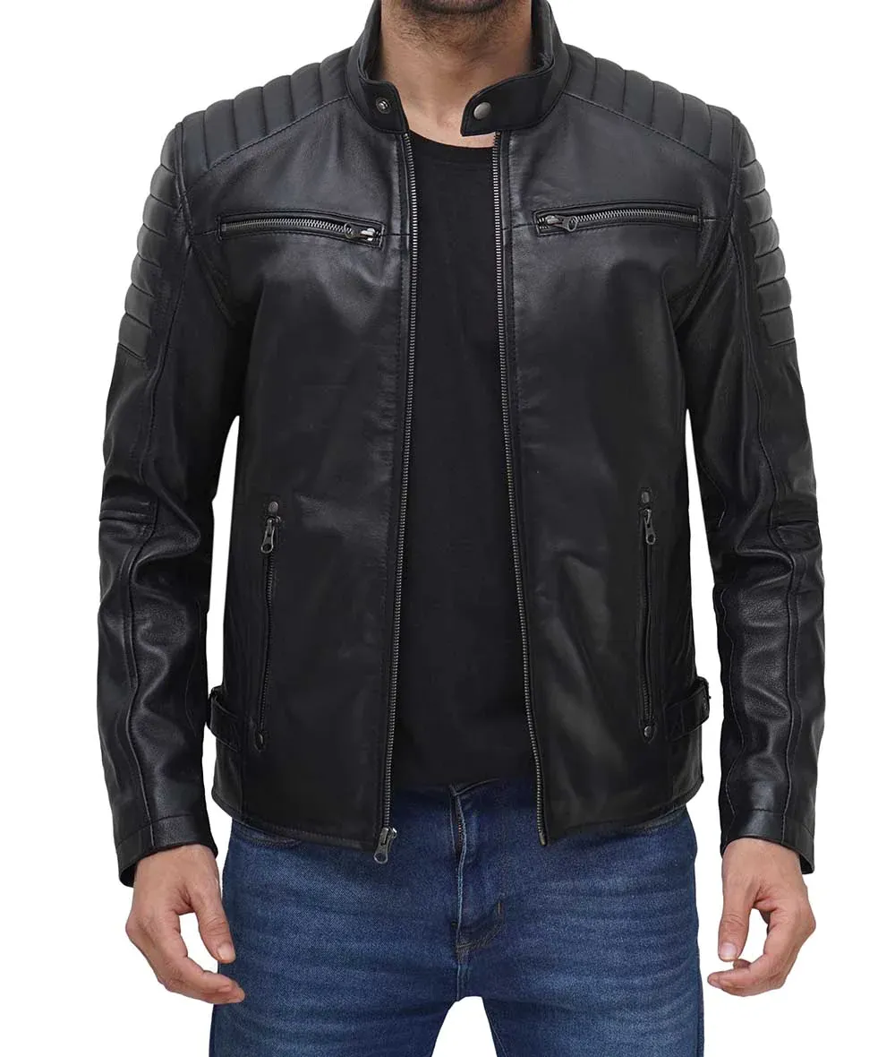 Mens Genuine Leather Stand Collar Motorcycle Jacket