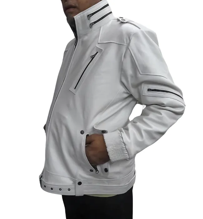 Mens Racer Moto Biker White Leather Jacket