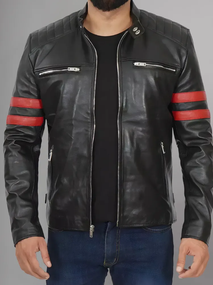 Mens Red Striped Black Leather Jacket