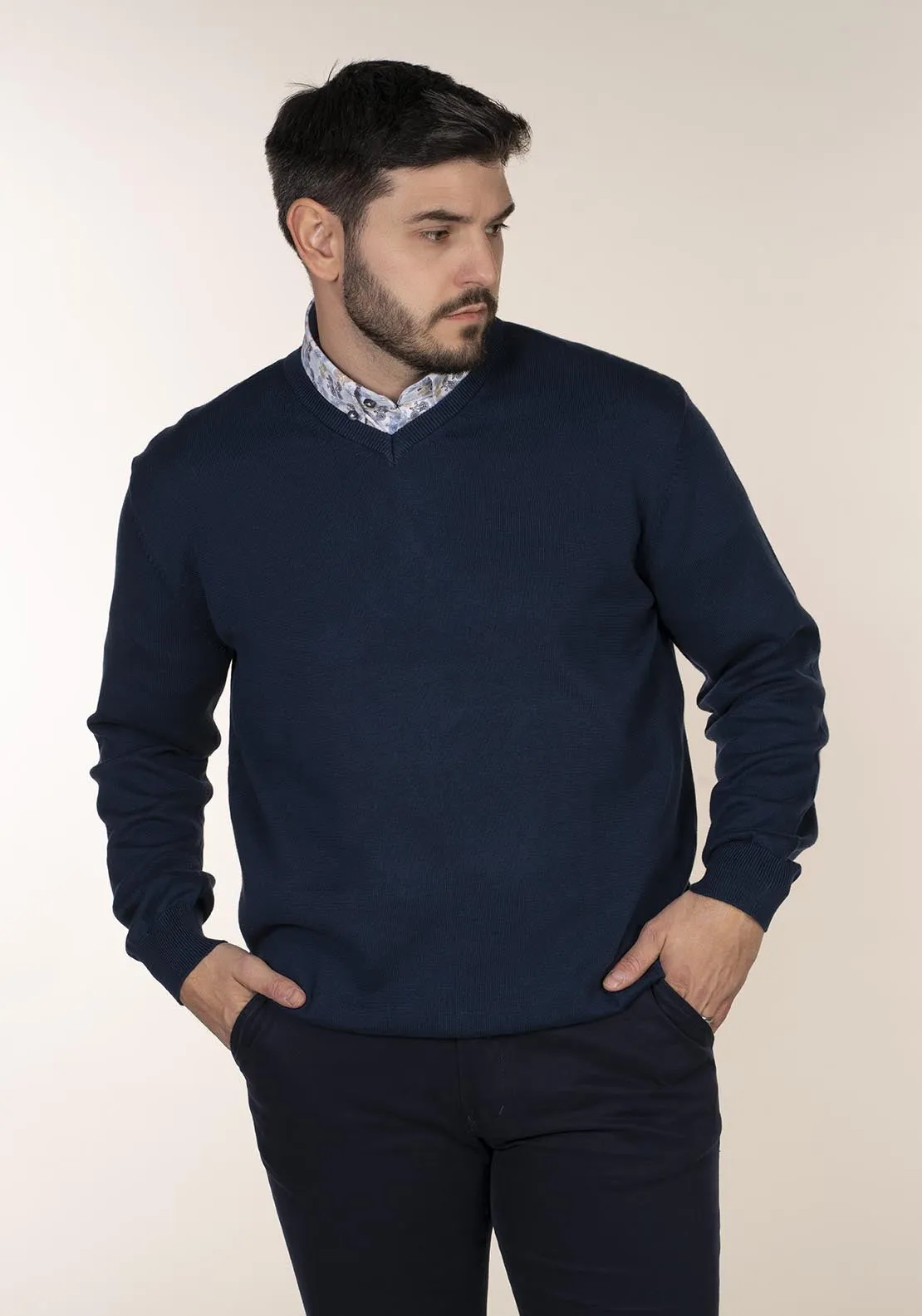 Plain Cotton V Neck Sweaters - Blue