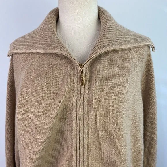 St. John Tan Zip High Neck Cashmere Sweater for Women - Luxurious Softness and Elegant Style