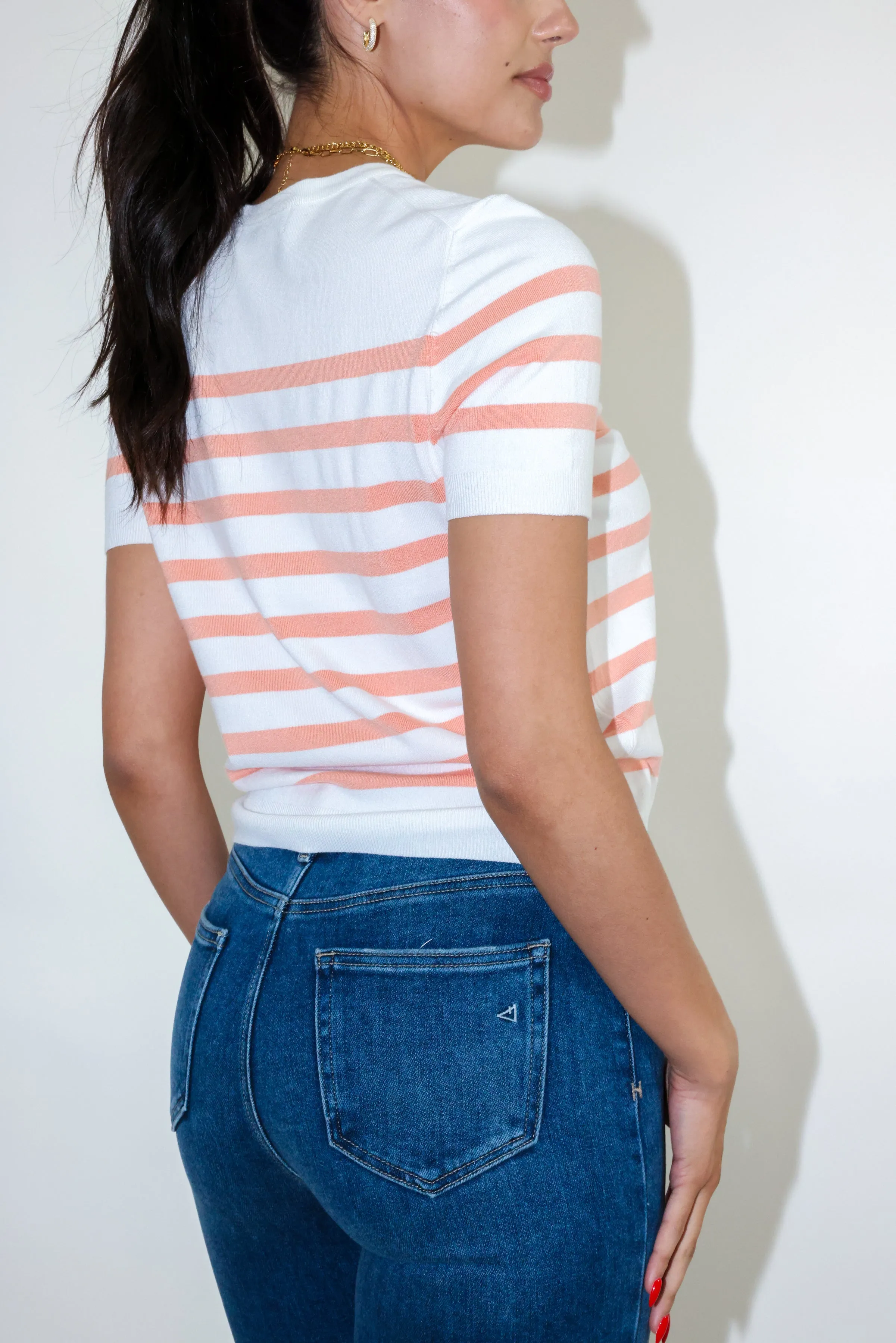 Striped Crewneck Short Sleeve Sweater