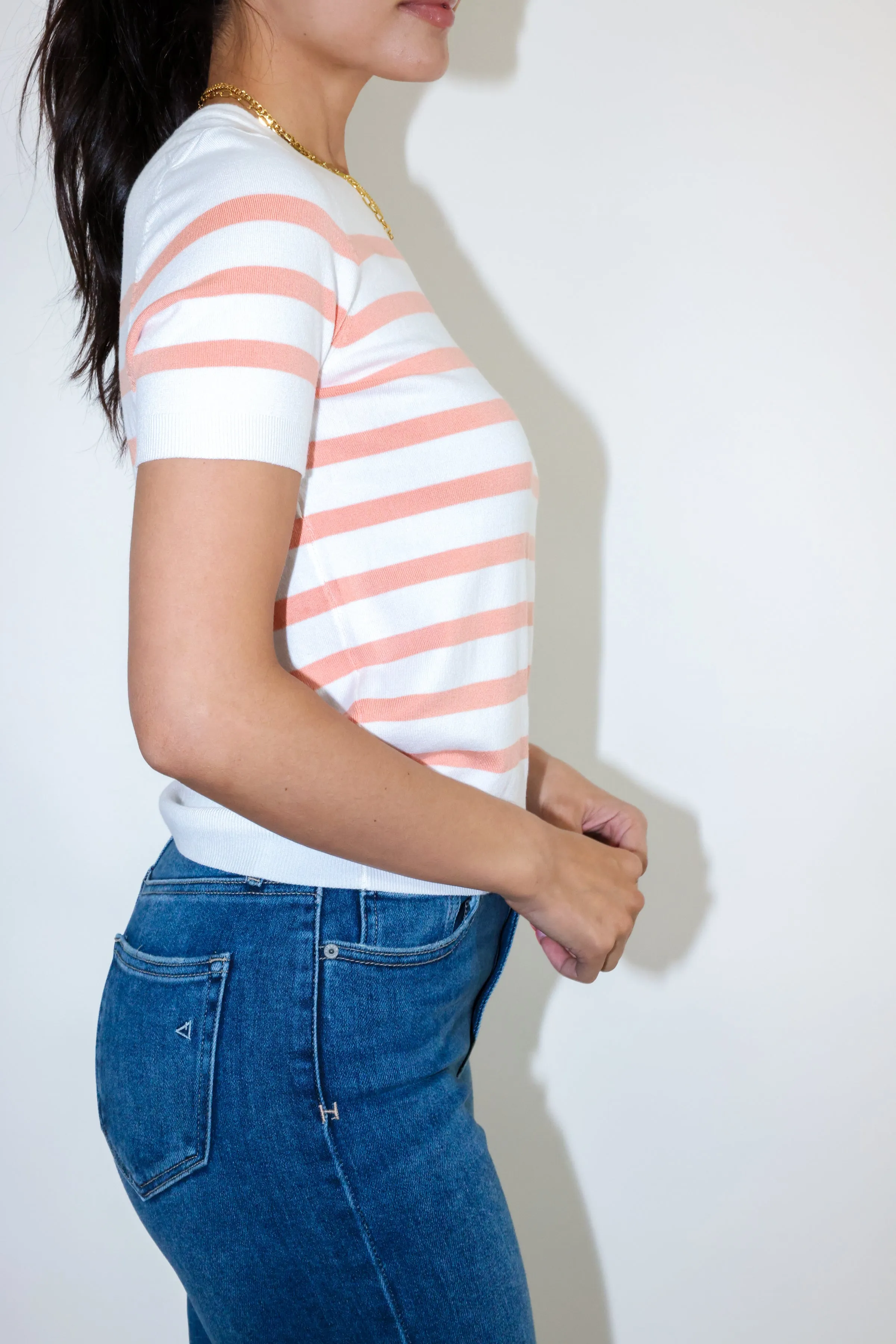 Striped Crewneck Short Sleeve Sweater