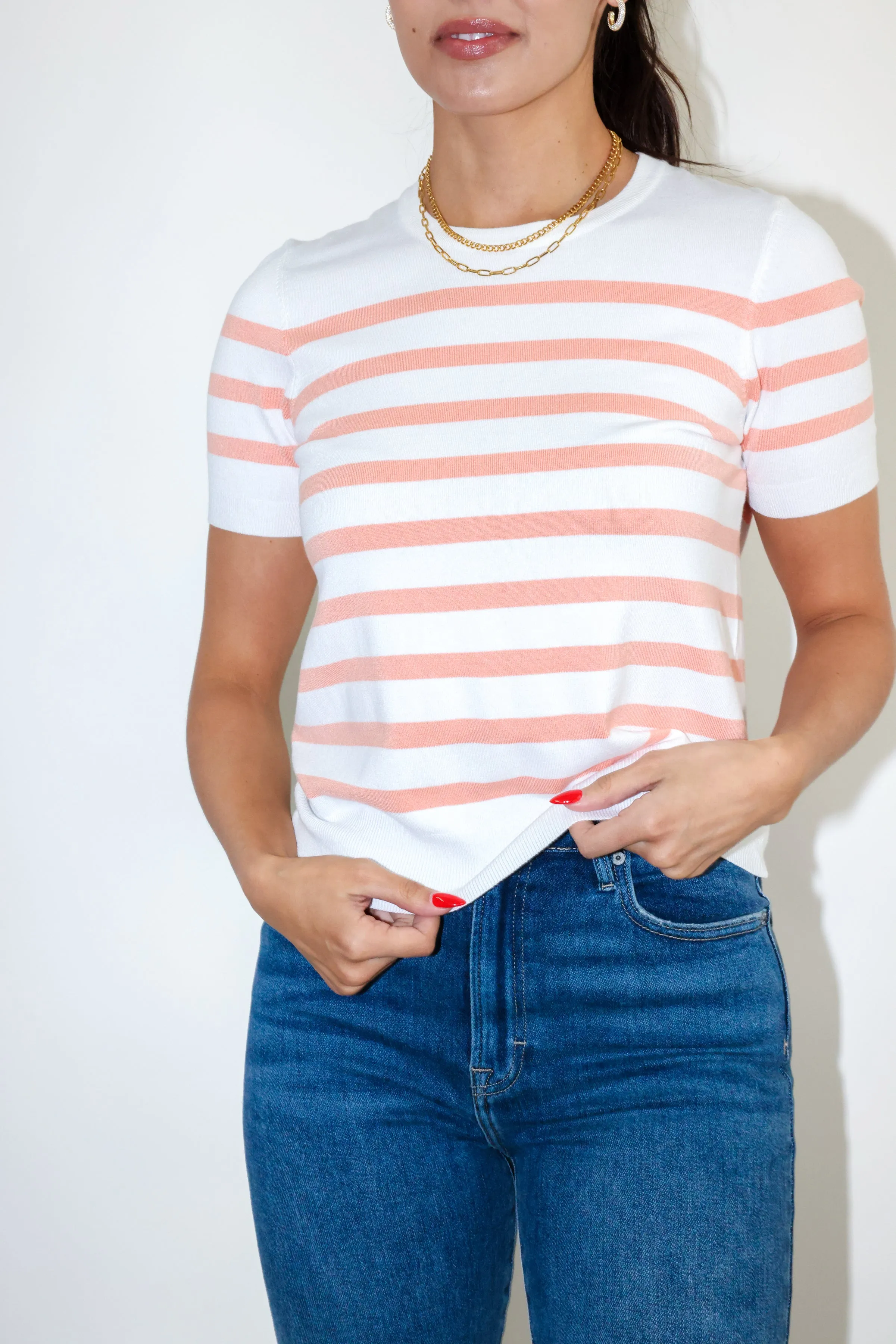 Striped Crewneck Short Sleeve Sweater