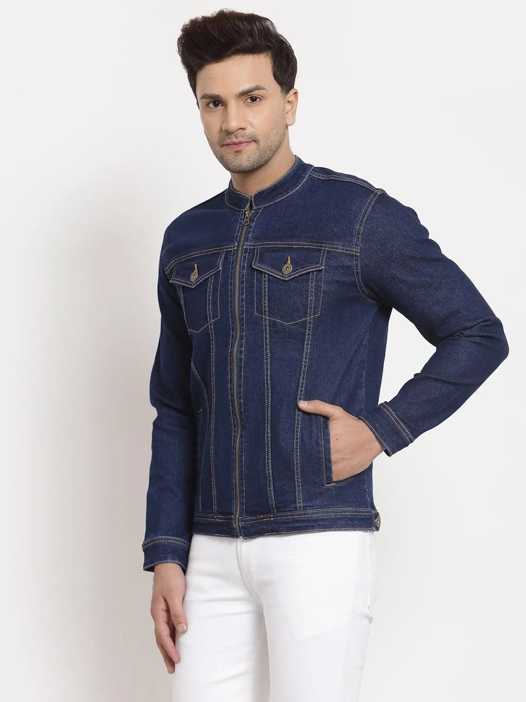 Style Quotient Men Blue Striped Denim Jacket