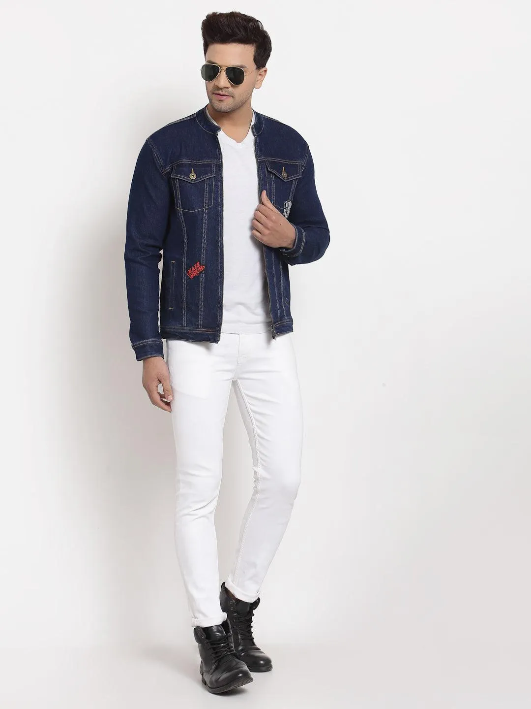 Style Quotient Men Blue Washed Denim Jacket with Patchwork