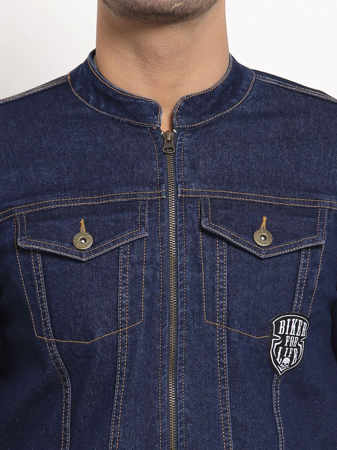 Style Quotient Men Blue Washed Denim Jacket with Patchwork