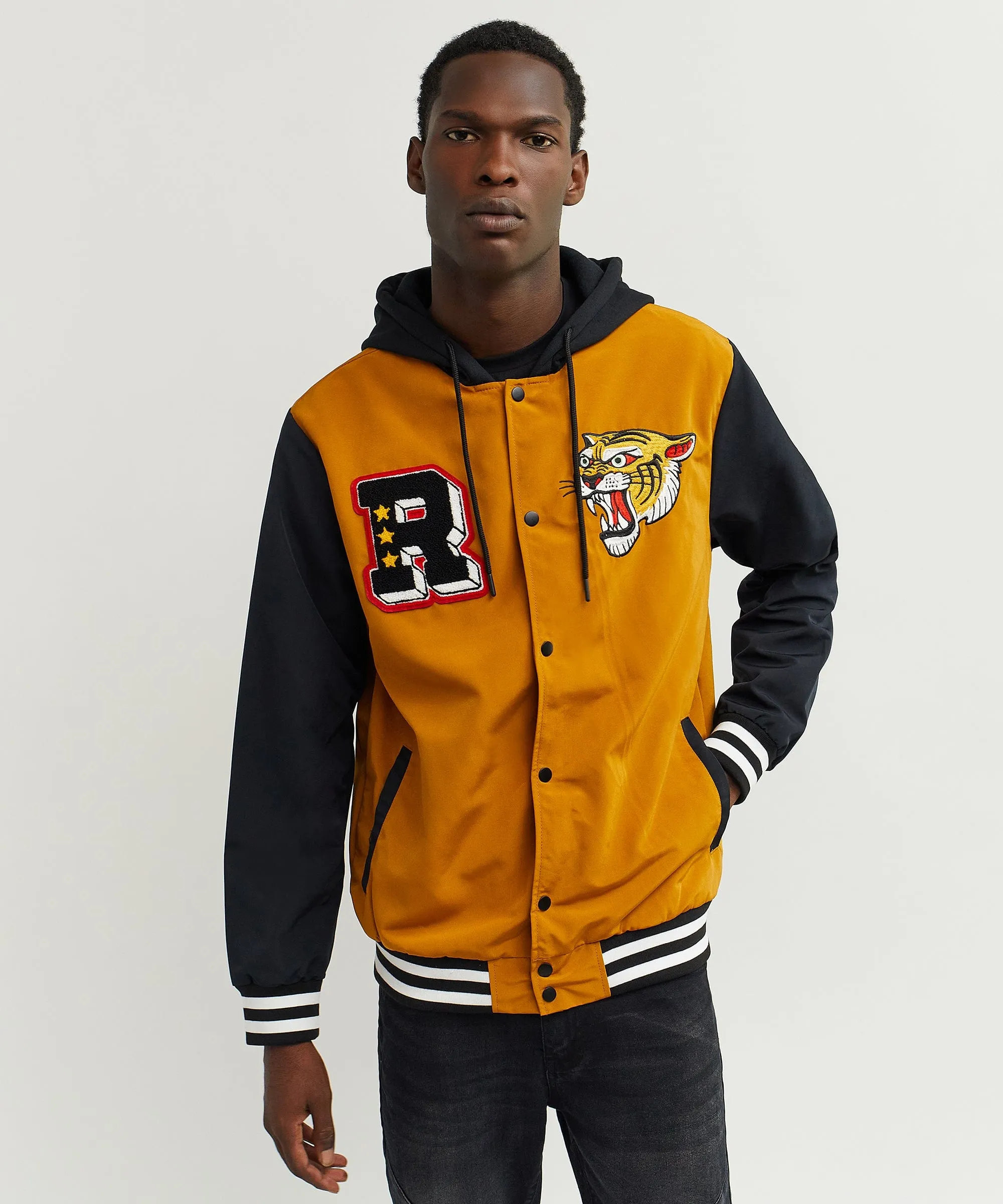 Tigers Varsity Hooded Jacket With Chenille And Embroidered Patches - Khaki