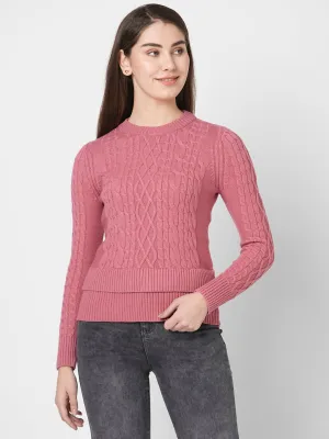 Women Slim Fit Blush Pink Ribbed Sweater