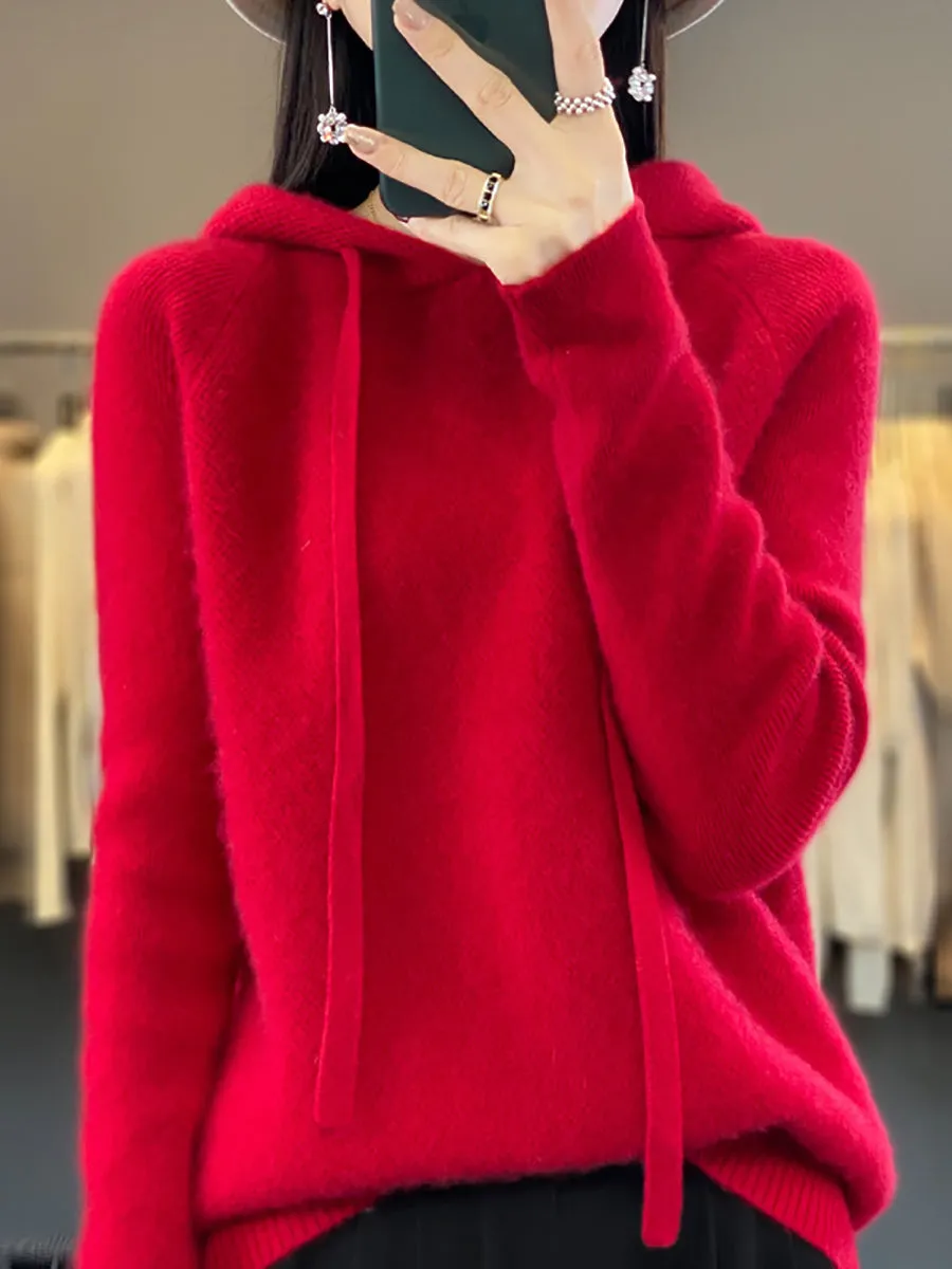 Women Winter Wool Solid Hooded Sweater